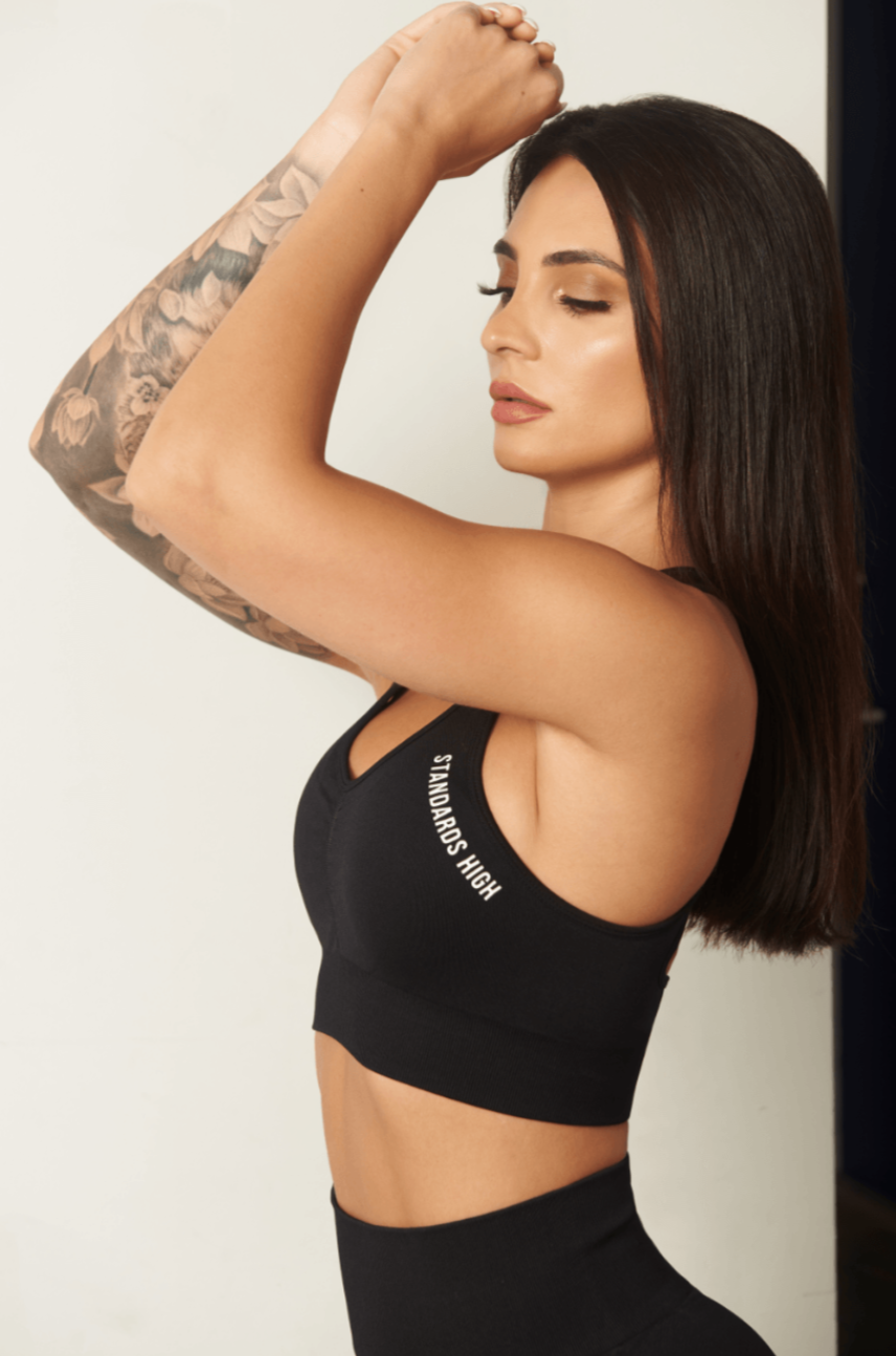 Keep your Standards High & Squats Low & stand the f*ck out out in the weight room in our Black Standards High Seamless Scrunch Sports Bra